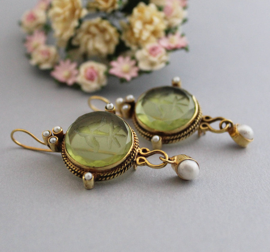 Green Intaglio Earrings, Victorian Style, 18K Gold Vermeil