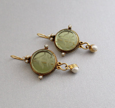 Green Intaglio Earrings, Victorian Style, 18K Gold Vermeil, photo 5