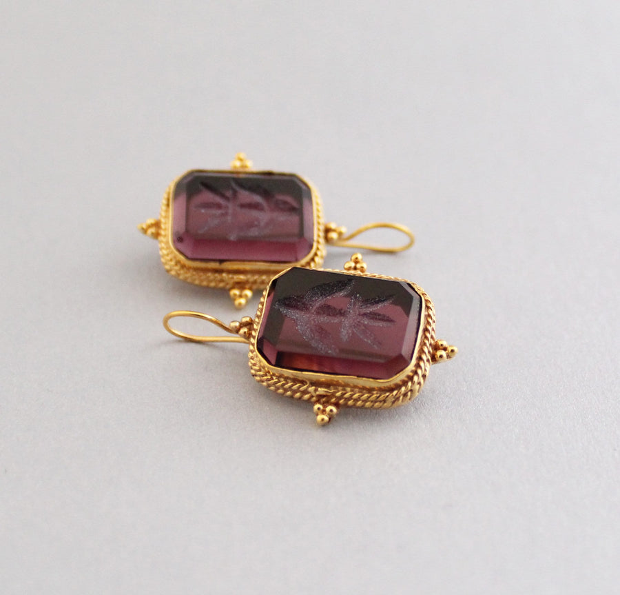 Purple Intaglio Glass Earrings, Ancient Roman Style, Gold Vermeil, photo 7
