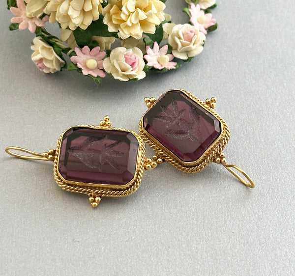 Purple Intaglio Glass Earrings, Ancient Roman Style, Gold Vermeil