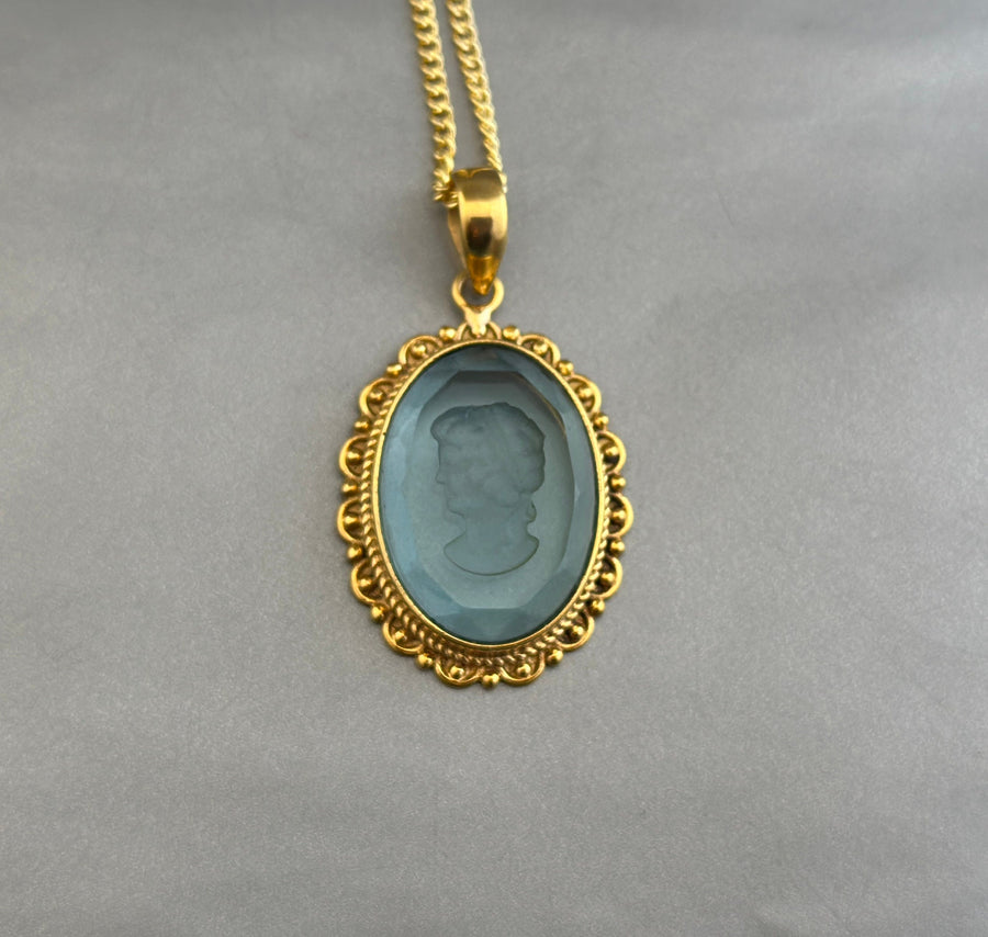 Blue Crystal Intaglio Necklace, Dainty Victorian Gold Pendant, photo 5