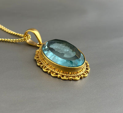 Blue Crystal Intaglio Necklace, Dainty Victorian Gold Pendant, photo 2