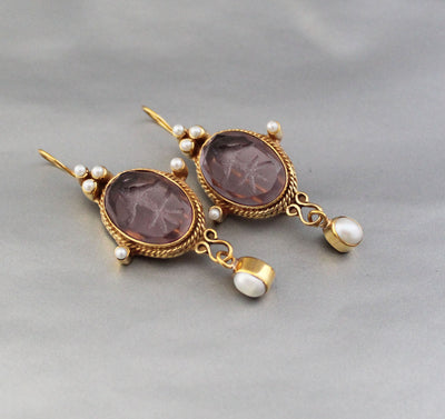 Purple Intaglio Earrings, Roman Style, Gold Vermeil Dangles, photo 9