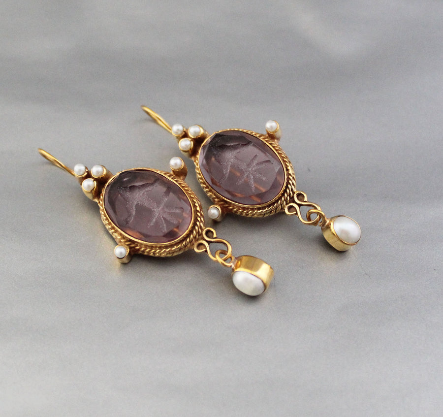 Purple Intaglio Earrings, Roman Style, Gold Vermeil Dangles, photo 9