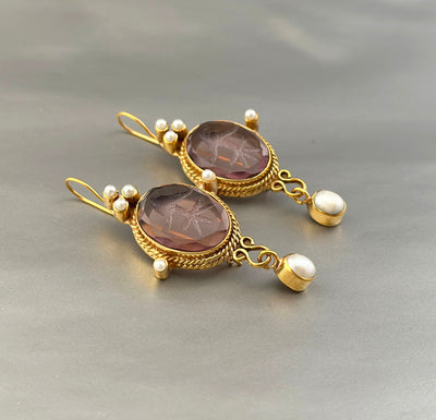 Purple Intaglio Earrings, Roman Style, Gold Vermeil Dangles, photo 7