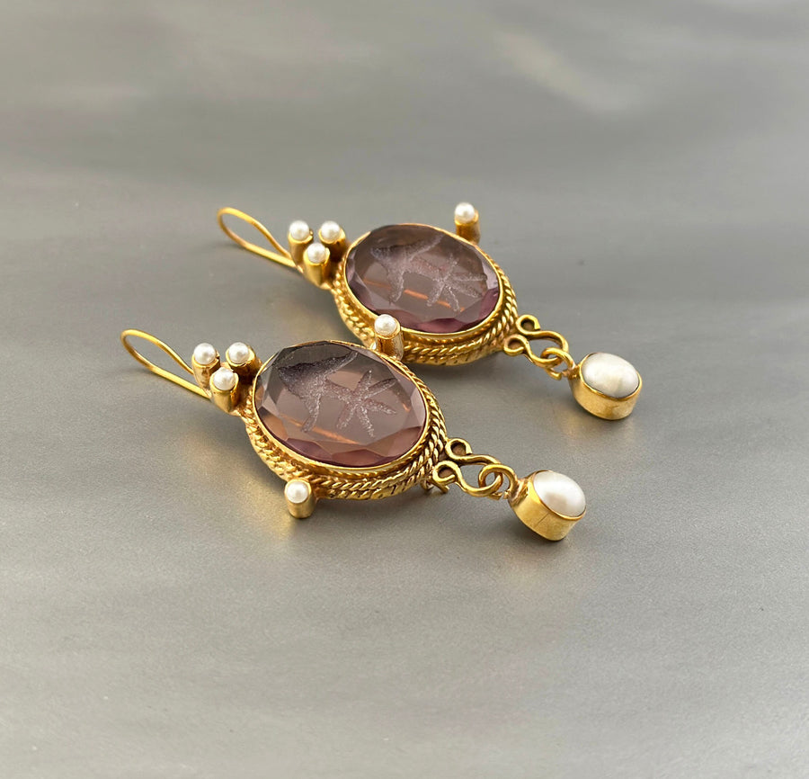 Purple Intaglio Earrings, Roman Style, Gold Vermeil Dangles, photo 7