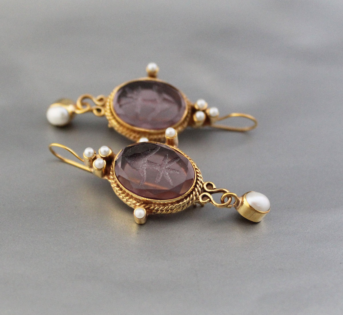 Purple Intaglio Earrings, Roman Style, Gold Vermeil Dangles, photo 6