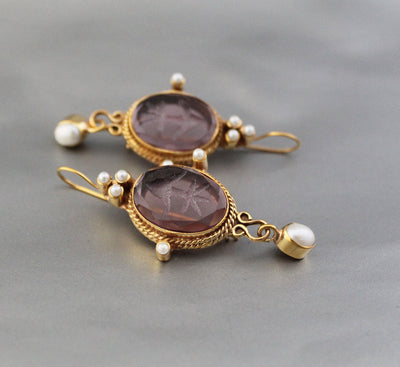Purple Intaglio Earrings, Roman Style, Gold Vermeil Dangles, photo 6