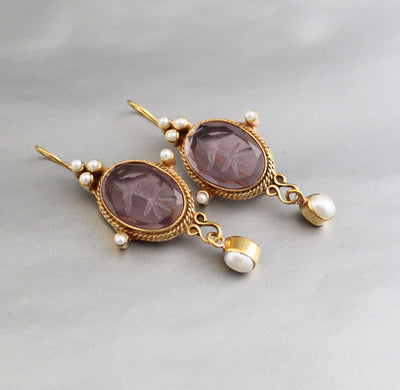 Purple Intaglio Earrings, Roman Style, Gold Vermeil Dangles, photo 4