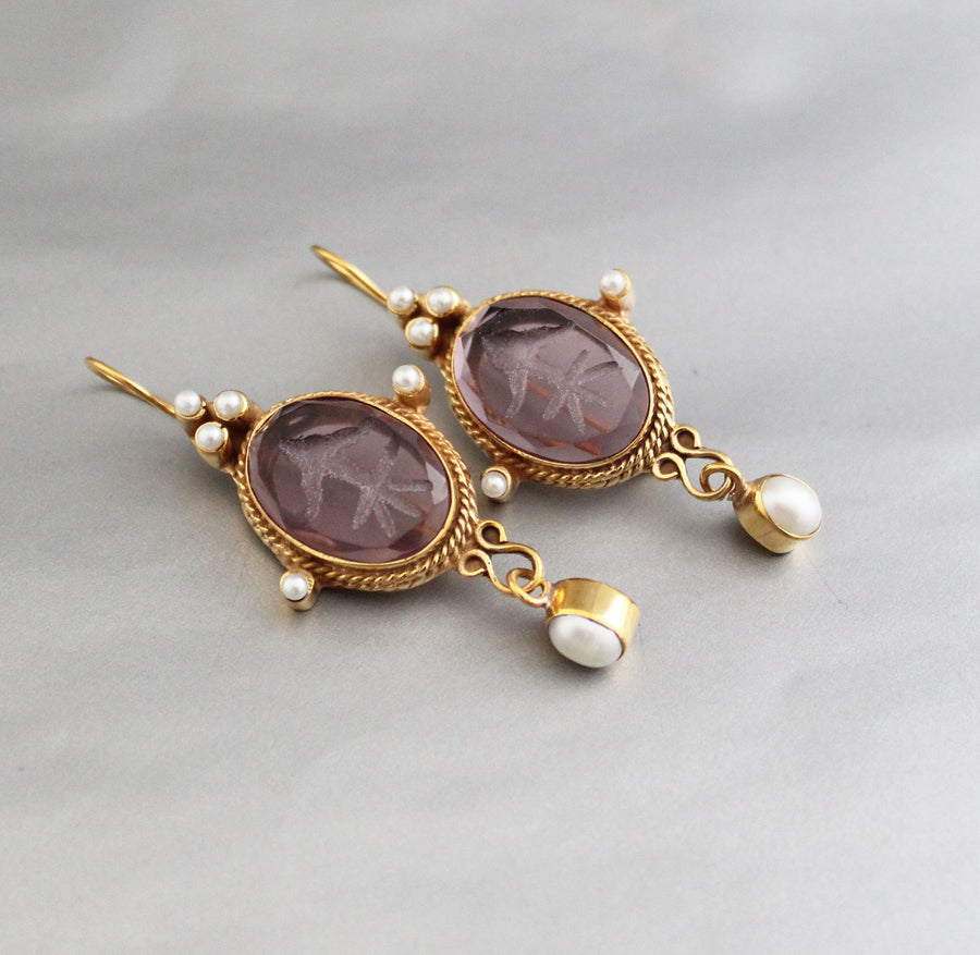 Purple Intaglio Earrings, Roman Style, Gold Vermeil Dangles, photo 4