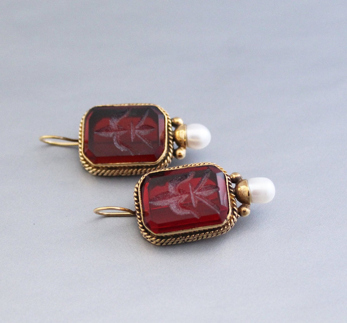 Red Intaglio Earrings, Victorian Art Deco Pearl Style