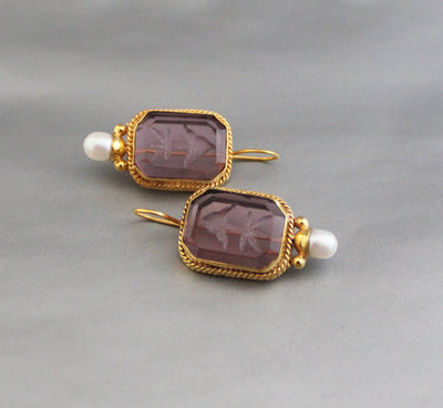 Intaglio Glass Hoop Earrings, Victorian Art Deco Pearl Drops, Brass, photo 9