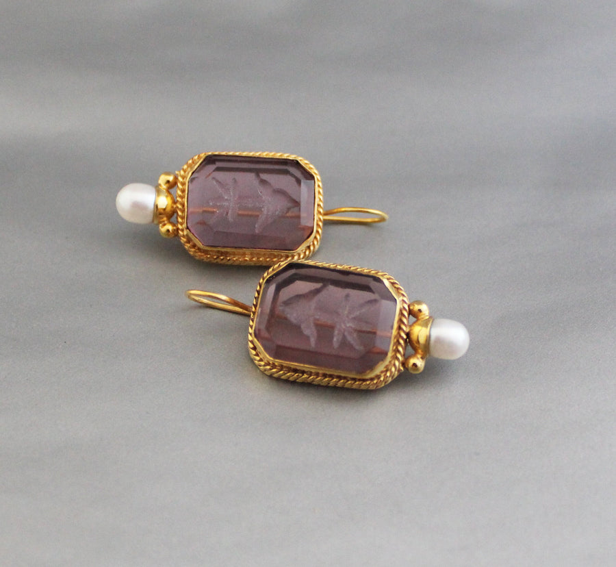 Intaglio Glass Hoop Earrings, Victorian Art Deco Pearl Drops, Brass, photo 9