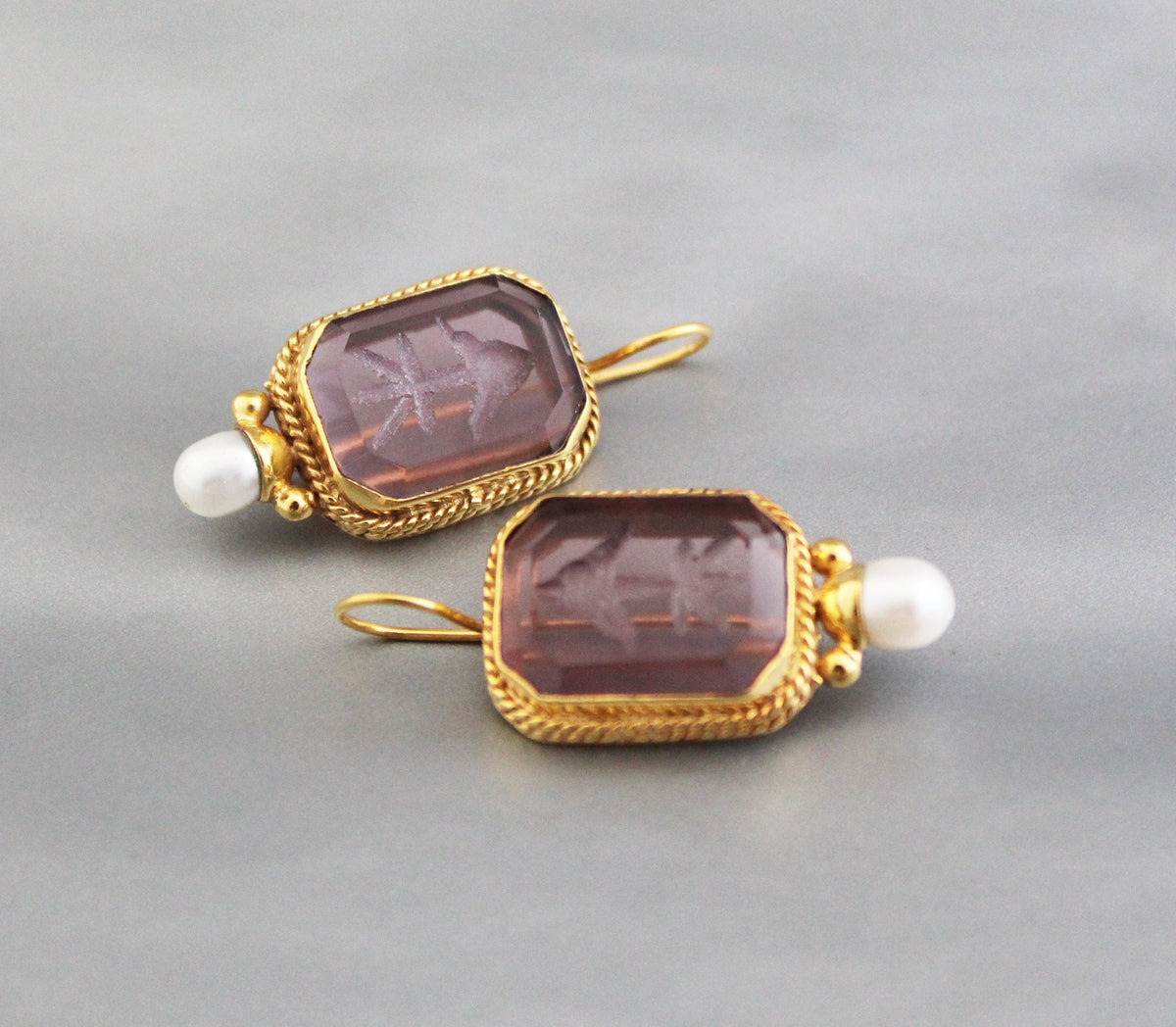 Intaglio Glass Hoop Earrings, Victorian Art Deco Pearl Drops, Brass, photo 2
