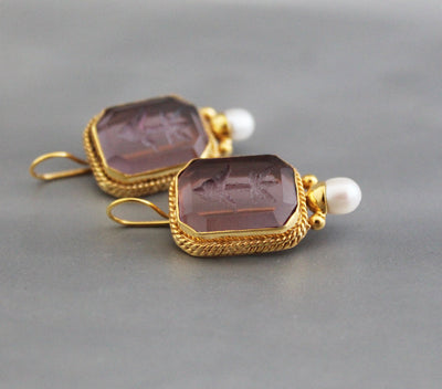 Intaglio Glass Hoop Earrings, Victorian Art Deco Pearl Drops, Brass, photo 11
