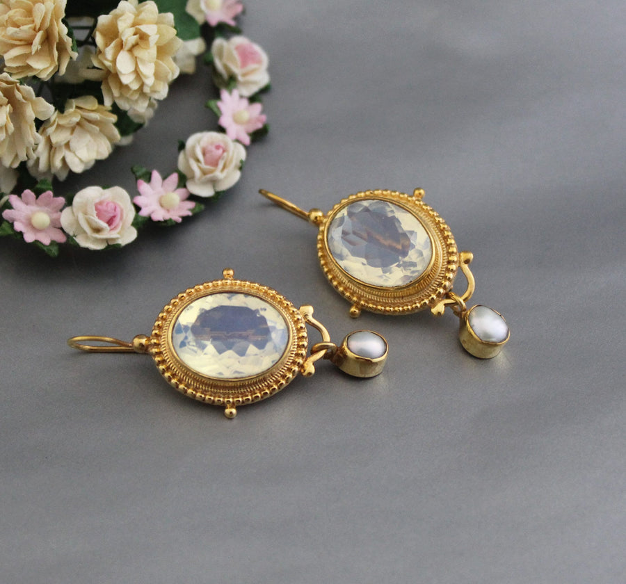 Opal Glass Intaglio Earrings, Art Nouveau Bridal Style