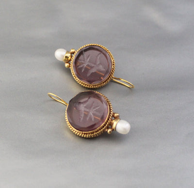 Purple Glass Intaglio Earrings, Victorian Amethyst Drops, Gold Vermeil, photo 7