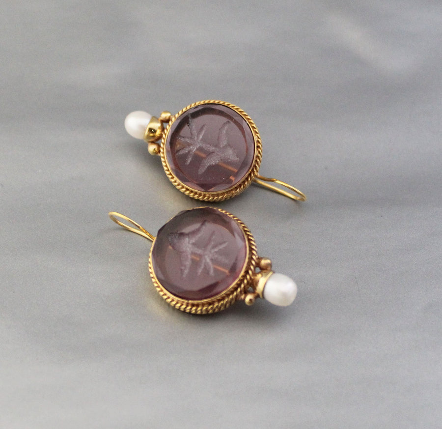Purple Glass Intaglio Earrings, Victorian Amethyst Drops, Gold Vermeil, photo 7