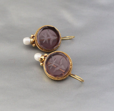 Purple Glass Intaglio Earrings, Victorian Amethyst Drops, Gold Vermeil, photo 9