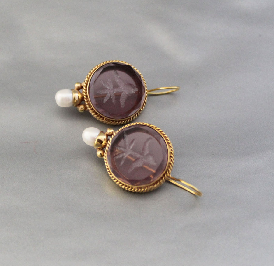 Purple Glass Intaglio Earrings, Victorian Amethyst Drops, Gold Vermeil, photo 9