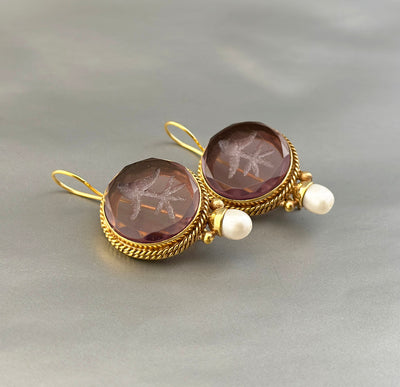 Purple Glass Intaglio Earrings, Victorian Amethyst Drops, Gold Vermeil, photo 6