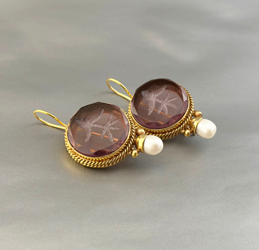Purple Glass Intaglio Earrings, Victorian Amethyst Drops, Gold Vermeil, photo 6