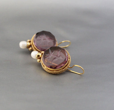 Purple Glass Intaglio Earrings, Victorian Amethyst Drops, Gold Vermeil, photo 10