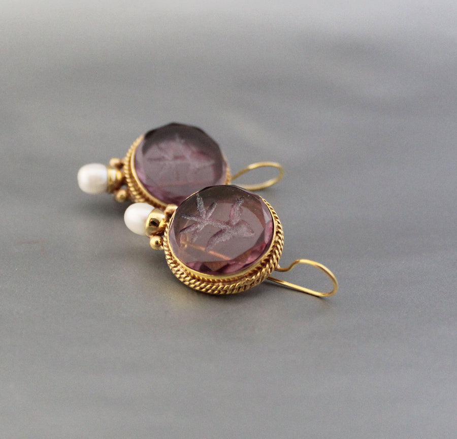 Purple Glass Intaglio Earrings, Victorian Amethyst Drops, Gold Vermeil, photo 10