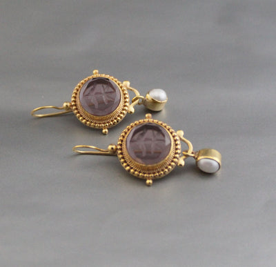 Purple Intaglio Glass Earrings, Vintage Drops, Gold Vermeil, photo 2