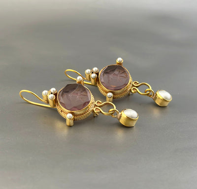Purple Round Intaglio Earrings, 1920s Art Deco Style, Gold Plated