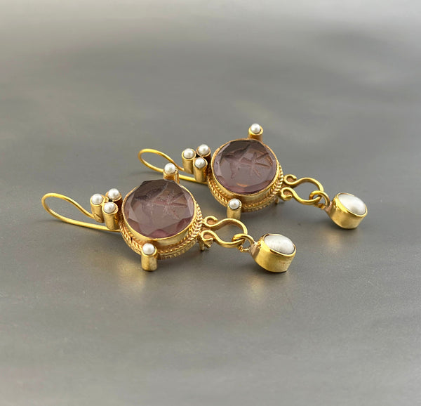 Purple Round Intaglio Earrings, 1920s Art Deco Style, Gold Plated