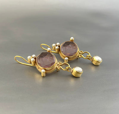 Purple Round Intaglio Earrings, 1920s Art Deco Style, Gold Plated, photo 9