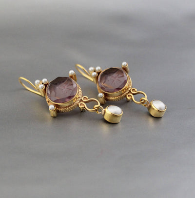 Purple Round Intaglio Earrings, 1920s Art Deco Style, Gold Plated, photo 7