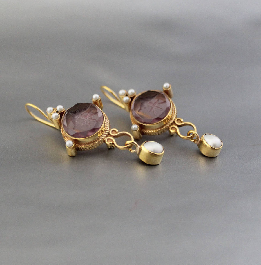 Purple Round Intaglio Earrings, 1920s Art Deco Style, Gold Plated, photo 7