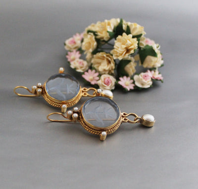 Blue Intaglio Glass Earrings, Victorian Pearl Dangles, photo 6