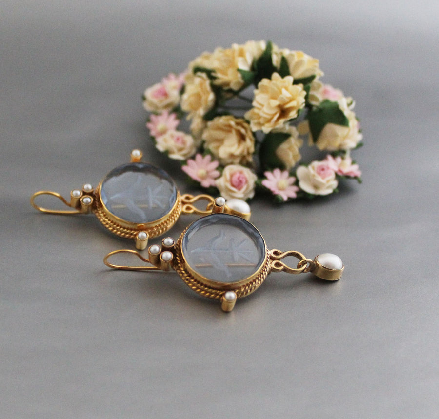 Blue Intaglio Glass Earrings, Victorian Pearl Dangles, photo 6