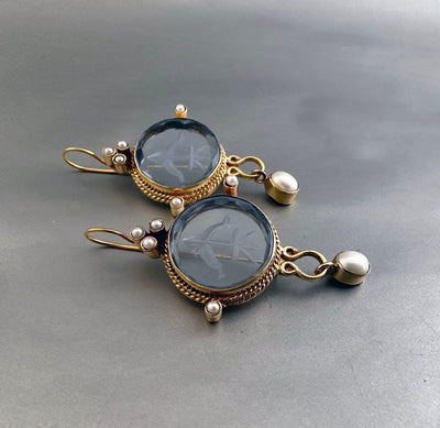 Blue Intaglio Glass Earrings, Victorian Pearl Dangles, photo 8