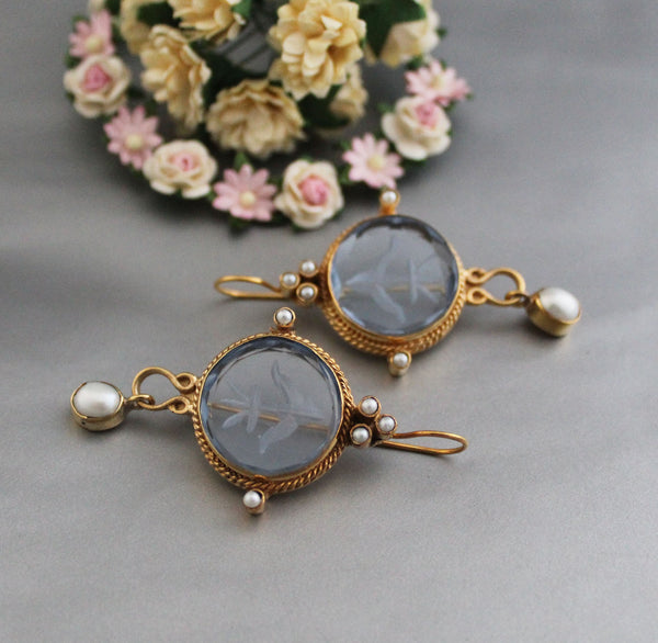 Blue Intaglio Glass Earrings, Victorian Pearl Dangles