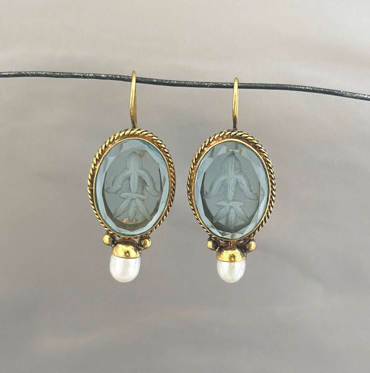 Blue Glass Intaglio Earrings, Oval Drops, Victorian Art Deco Brass