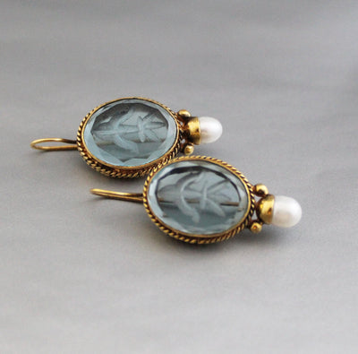 Blue Glass Intaglio Earrings, Oval Drops, Victorian Art Deco Brass, photo 10