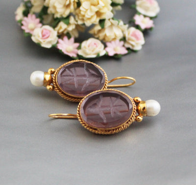 Intaglio Bridal Drop Earrings, Gold and Pearl