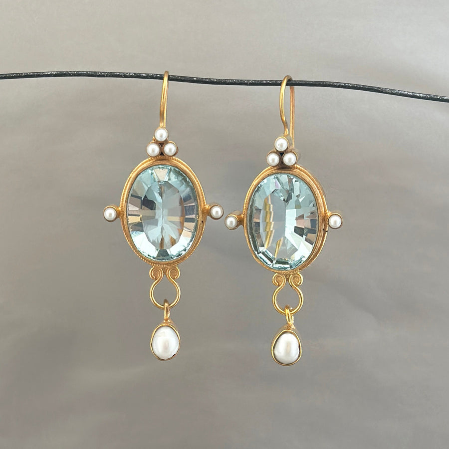 Blue Intaglio Earrings, 1920s Victorian Style, 18K Gold Plated, photo 5