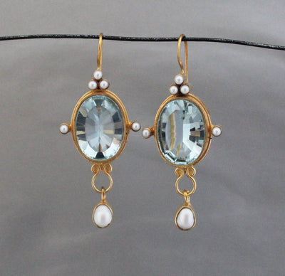 Blue Intaglio Earrings, 1920s Victorian Style, 18K Gold Plated