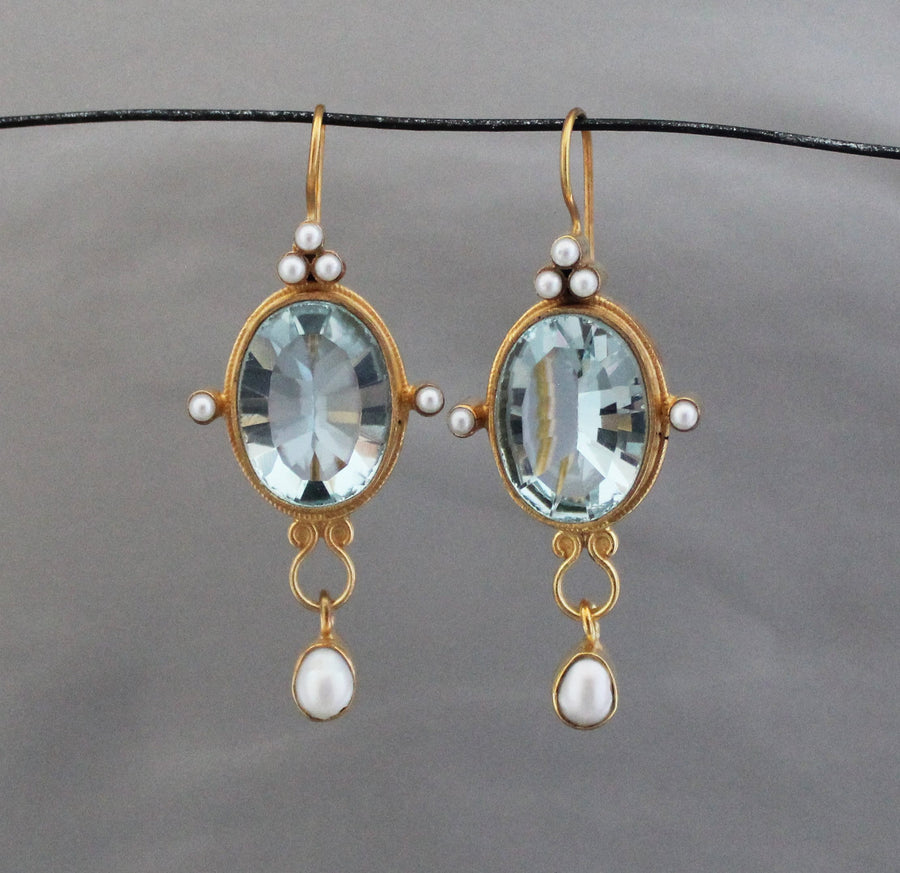 Blue Intaglio Earrings, 1920s Victorian Style, 18K Gold Plated