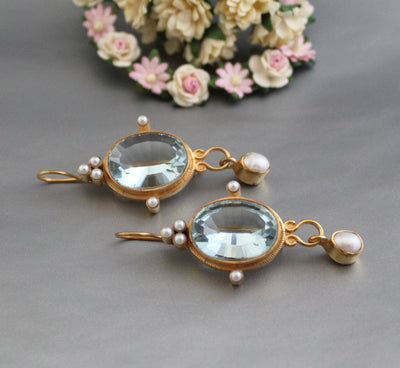Blue Intaglio Earrings, 1920s Victorian Style, 18K Gold Plated, photo 6