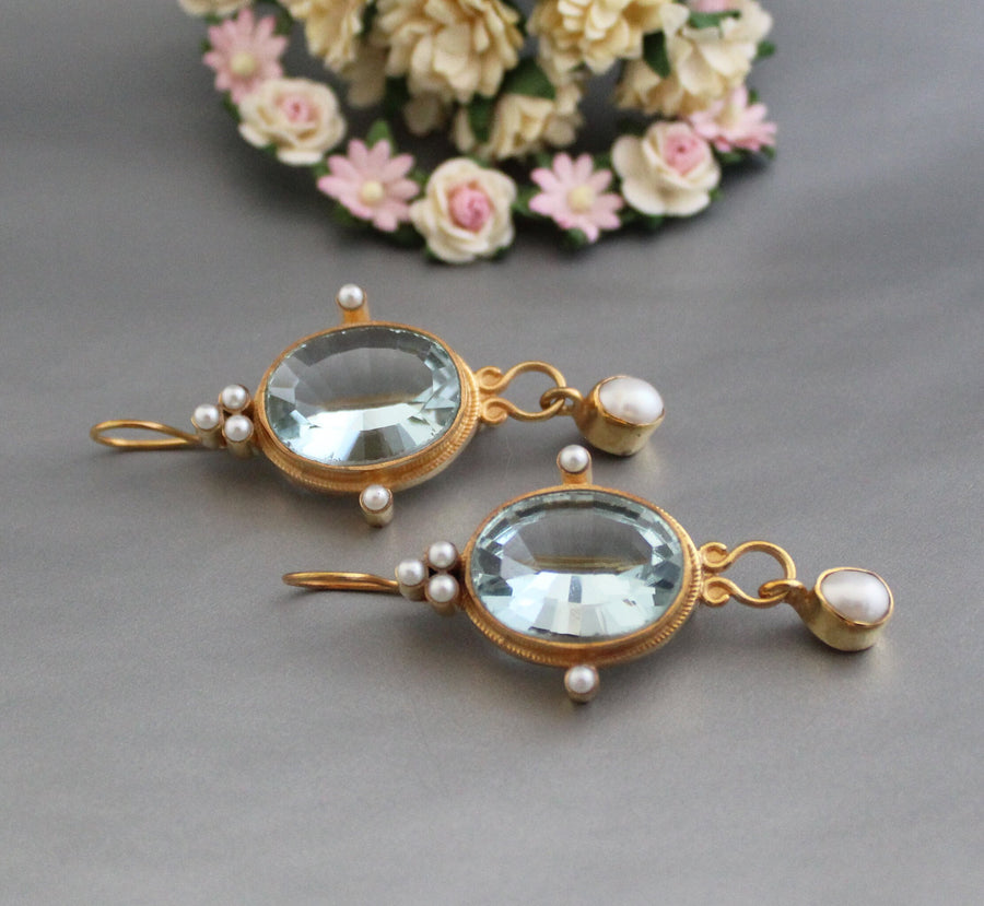 Blue Intaglio Earrings, 1920s Victorian Style, 18K Gold Plated, photo 6