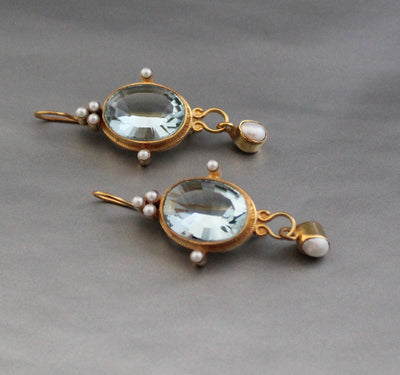 Blue Intaglio Earrings, 1920s Victorian Style, 18K Gold Plated, photo 10