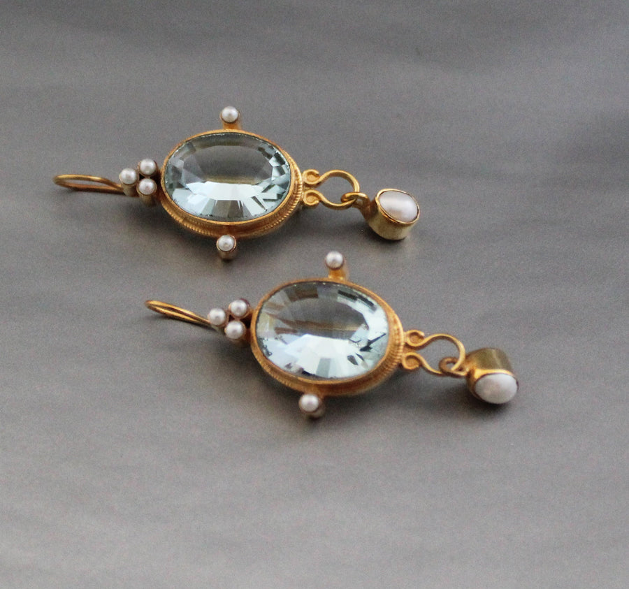 Blue Intaglio Earrings, 1920s Victorian Style, 18K Gold Plated, photo 10