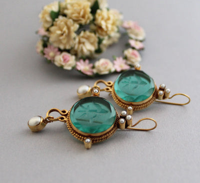 Green Intaglio Statement Earrings, Bridal Gold, photo 5