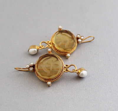 Fleur-de-lis Intaglio Earrings, Victorian Style, 14K Gold, photo 6